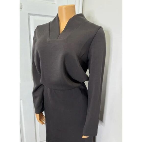 OGL Elevated V-Neck Midi Dress L Gray Long Sleeve Cinched Softtrine NWT - Picture 6 of 10